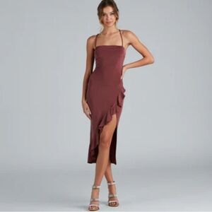Red/Brown City Chic Ruffled Midi Wedding Guest Dress Windsor